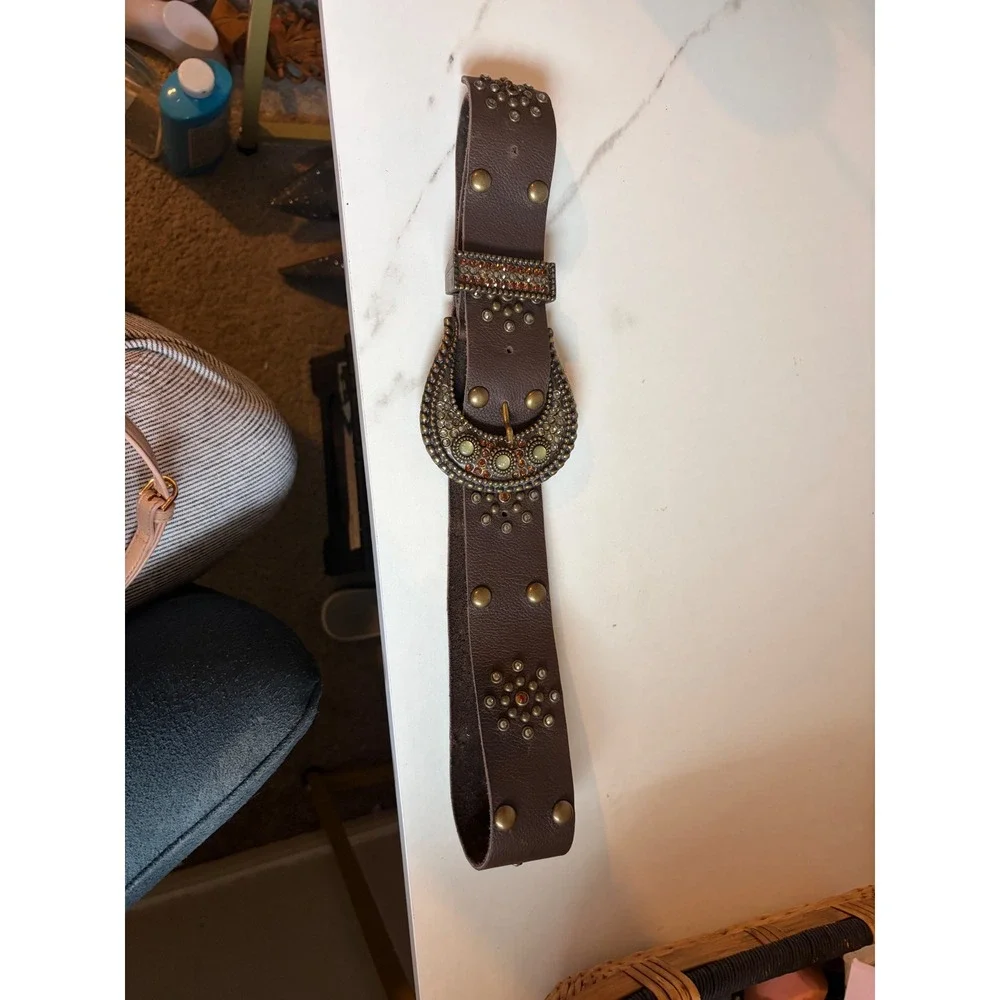 Vintage LEATHERROCK USA Brown Leather Western Rhinestone Belt Boho 41